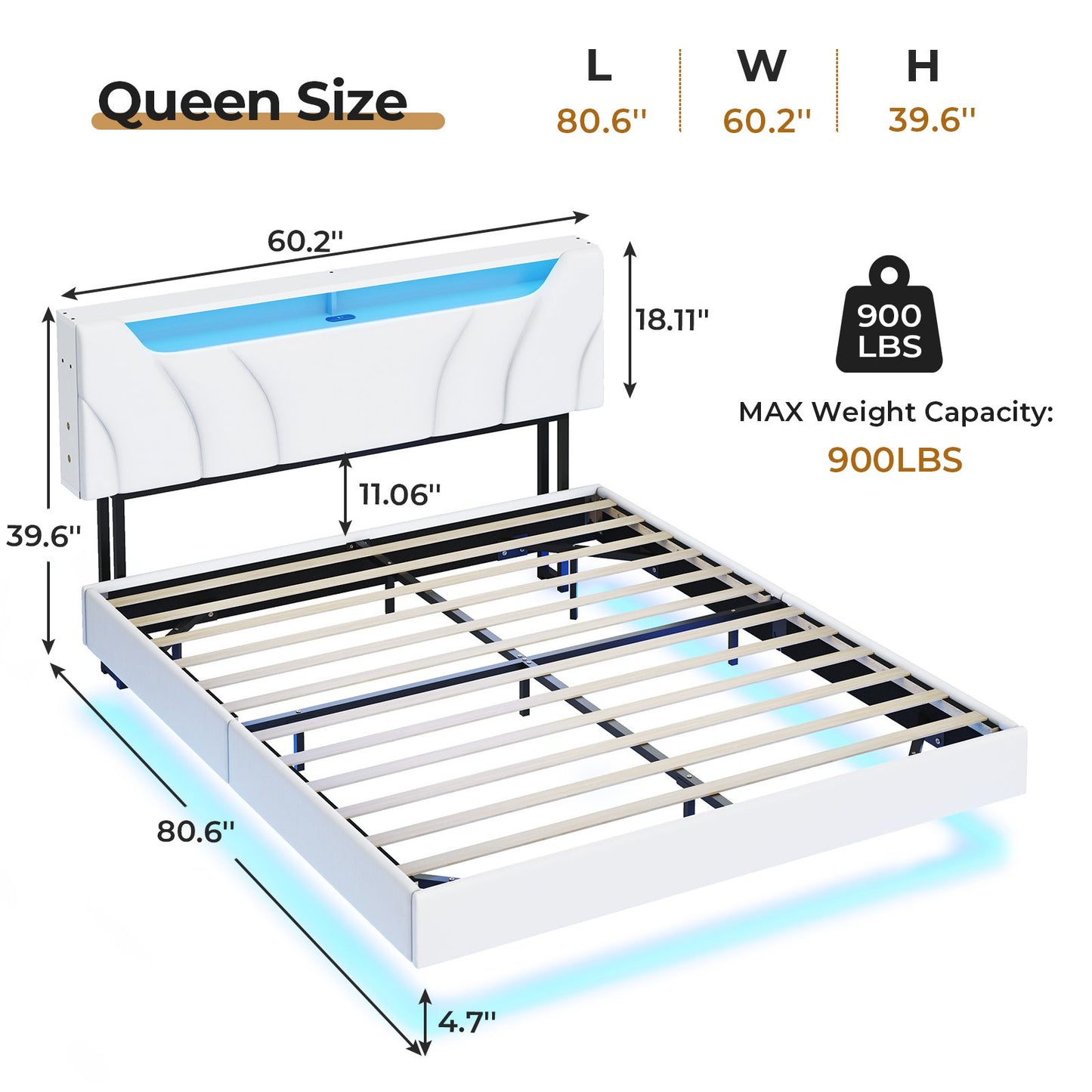 Hasuit | Queen Floating Bed Frame with Storage Headboard and LED Lights Queen Size Visual Floating LED Bed Frame with Type-C and USB Port