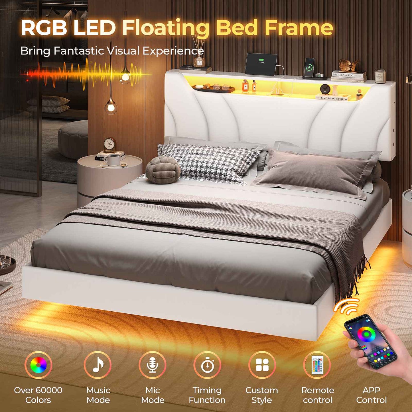 Hasuit | Queen Floating Bed Frame with Storage Headboard and LED Lights Queen Size Visual Floating LED Bed Frame with Type-C and USB Port