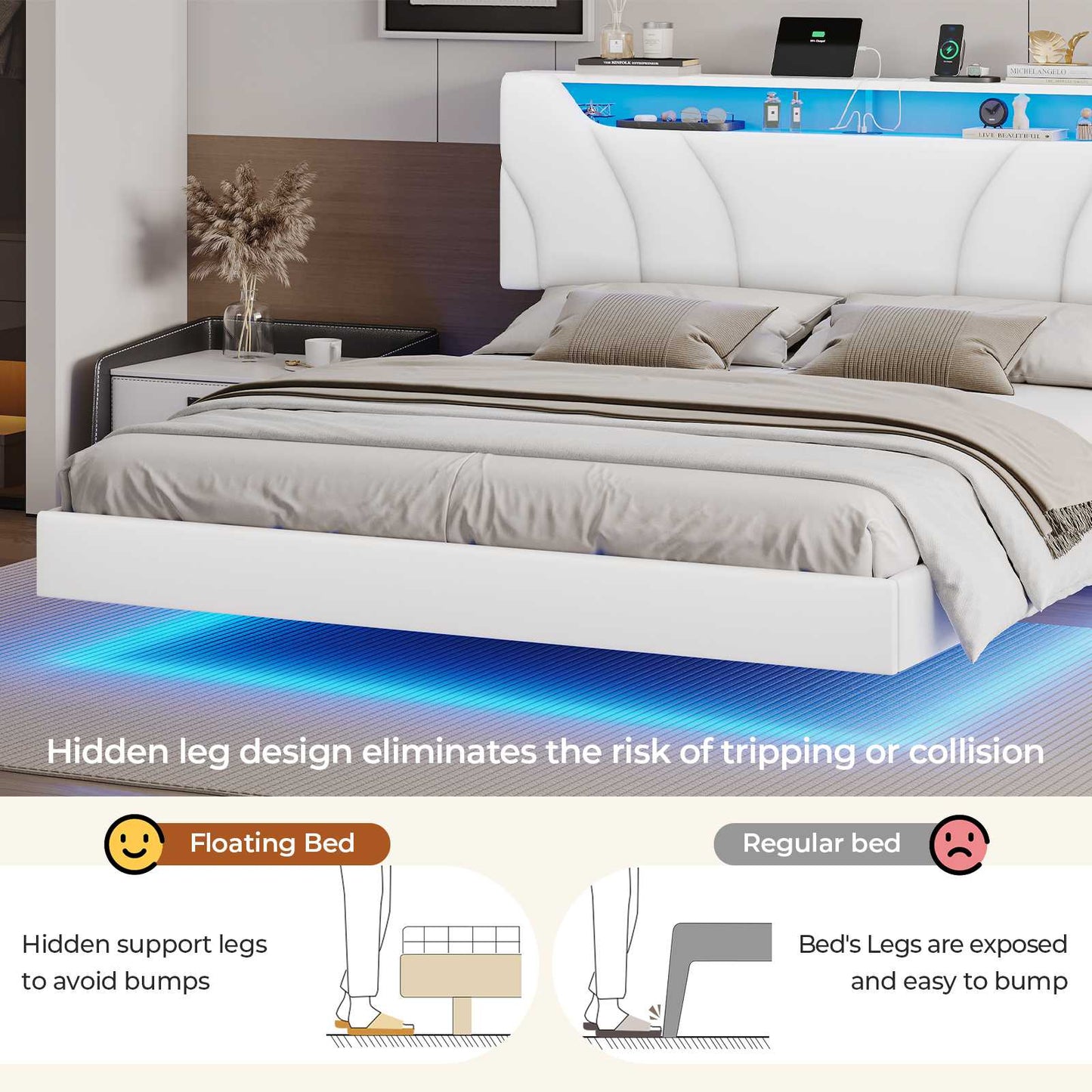 Hasuit | Queen Floating Bed Frame with Storage Headboard and LED Lights Queen Size Visual Floating LED Bed Frame with Type-C and USB Port