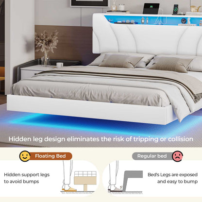 Hasuit | Queen Floating Bed Frame with Storage Headboard and LED Lights Queen Size Visual Floating LED Bed Frame with Type-C and USB Port