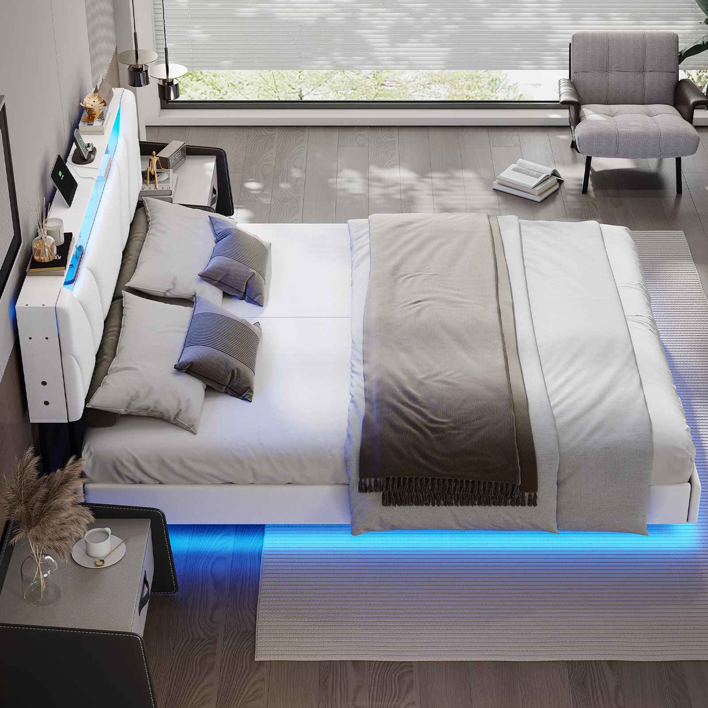 Hasuit | Queen Floating Bed Frame with Storage Headboard and LED Lights Queen Size Visual Floating LED Bed Frame with Type-C and USB Port