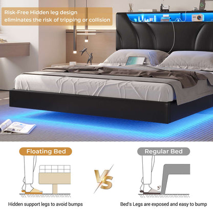 Hasuit | Floating Bed Frame Full Size with led Lights and Hidden Storage Headboard Full Led Visual Bed with Outlets Faux Leather Upholstered Platform Bed