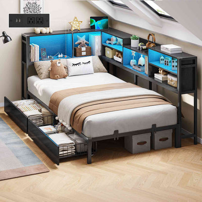 Hasuit | Corner Bed Frame with Storage Bookcase Modern Teenagers Bedframe with 2 Drawers Kids Bed Unit with Charging Station Three Sizes Black