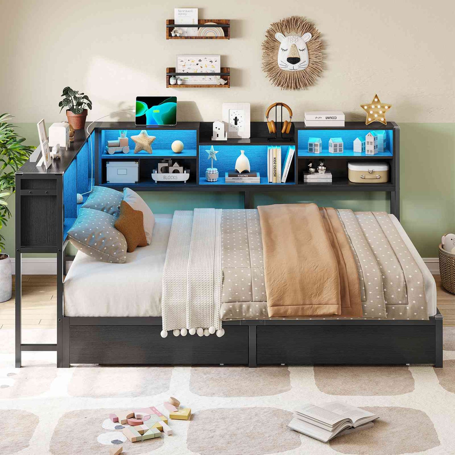 Hasuit | Corner Bed Frame with Storage Bookcase Modern Teenagers Bedframe with 2 Drawers Kids Bed Unit with Charging Station Three Sizes Black