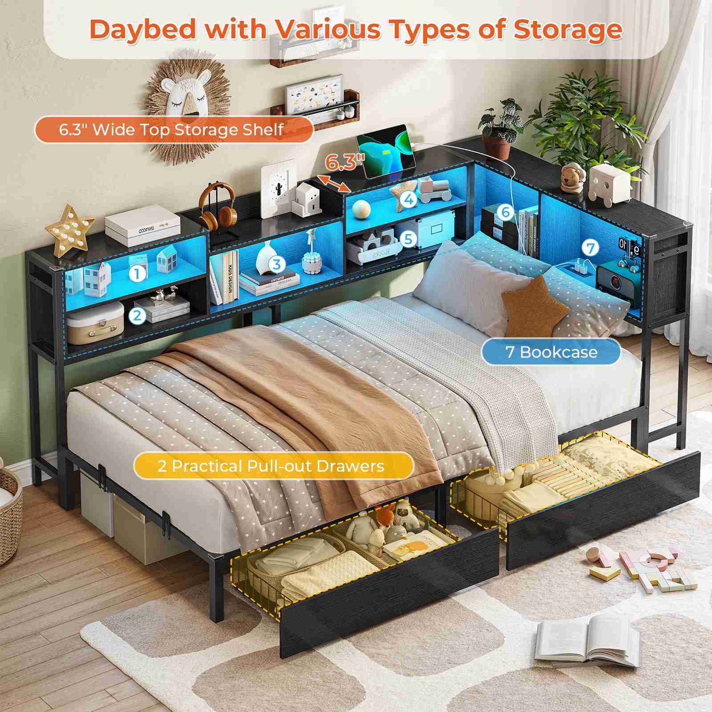 Hasuit | Corner Bed Frame with Storage Bookcase Modern Teenagers Bedframe with 2 Drawers Kids Bed Unit with Charging Station Three Sizes Black
