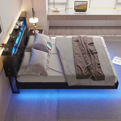 Hasuit | Floating Bed Frame Full Size with led Lights and Hidden Storage Headboard Full Led Visual Bed with Outlets Faux Leather Upholstered Platform Bed