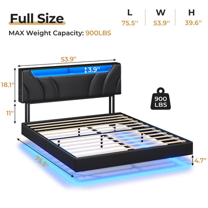 Hasuit | Floating Bed Frame Full Size with led Lights and Hidden Storage Headboard Full Led Visual Bed with Outlets Faux Leather Upholstered Platform Bed