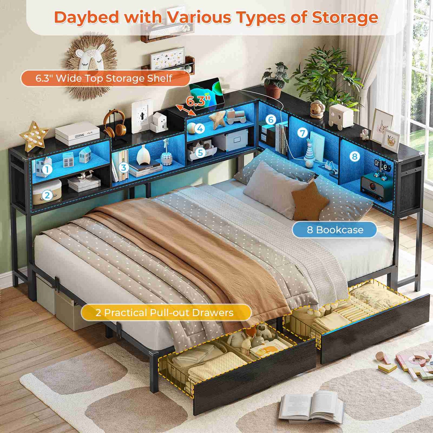 Hasuit | Corner Bed Frame with Storage Bookcase Modern Teenagers Bedframe with 2 Drawers Kids Bed Unit with Charging Station Three Sizes Black