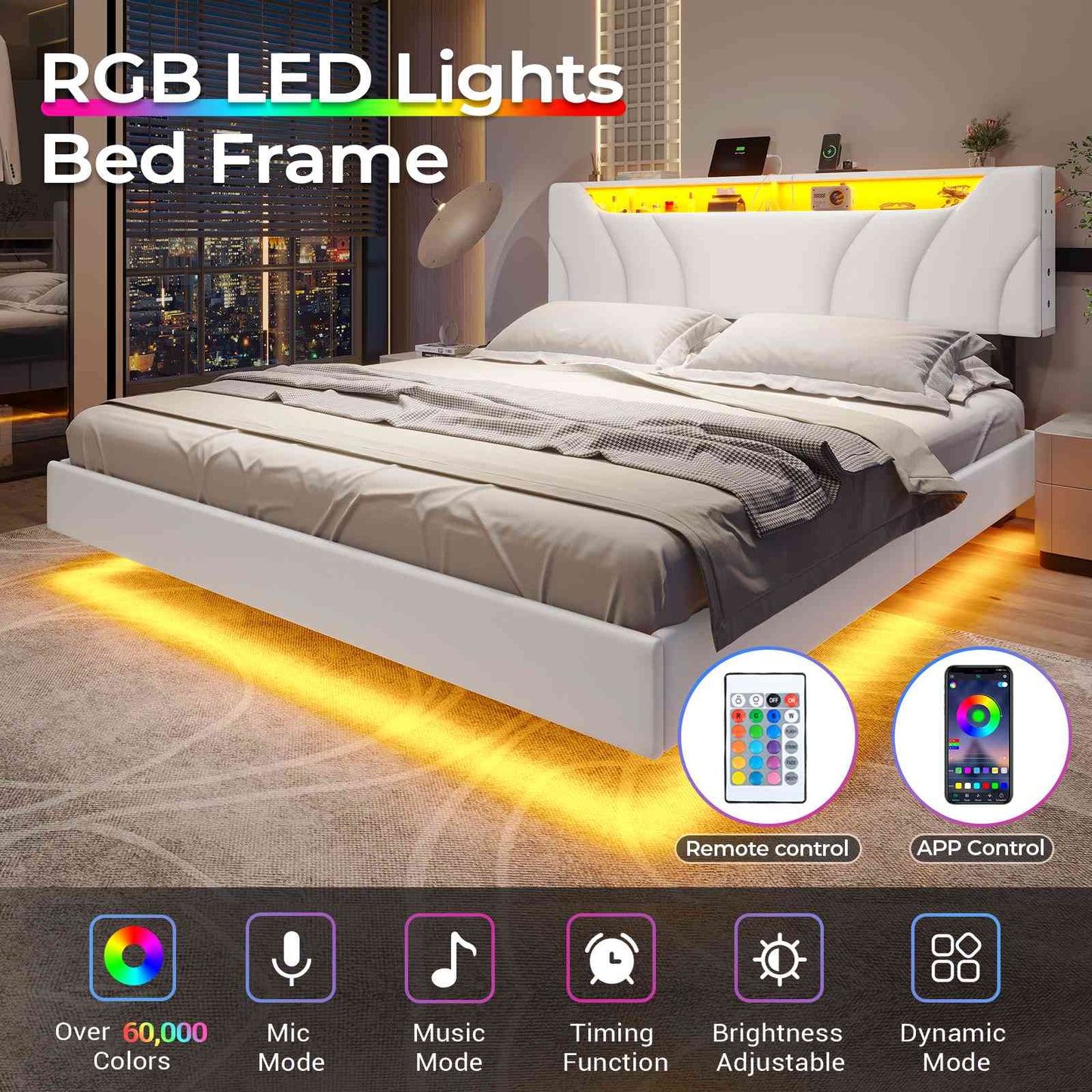 Hasuit | Floating Bed Frame Full Size with led Lights and Hidden Storage Headboard Full Led Visual Bed with Outlets Faux Leather Upholstered Platform Bed