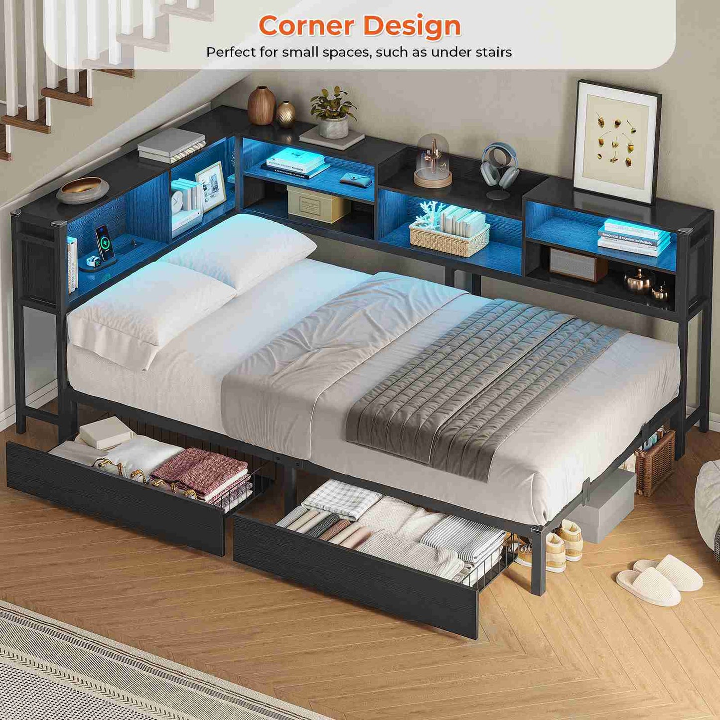 Hasuit | Corner Bed Frame with Storage Bookcase Modern Teenagers Bedframe with 2 Drawers Kids Bed Unit with Charging Station Three Sizes Black