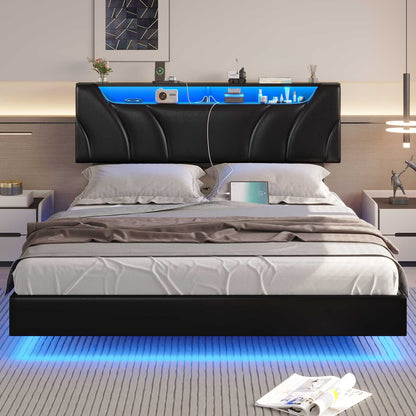 Hasuit | Floating Bed Frame Full Size with led Lights and Hidden Storage Headboard Full Led Visual Bed with Outlets Faux Leather Upholstered Platform Bed