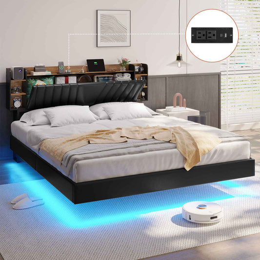 Hasuit | California King Floating Bed Frame with Hidden Storage Headboard and Charging Station Cal King Size Visual Floating Platform Bed with Led Lights