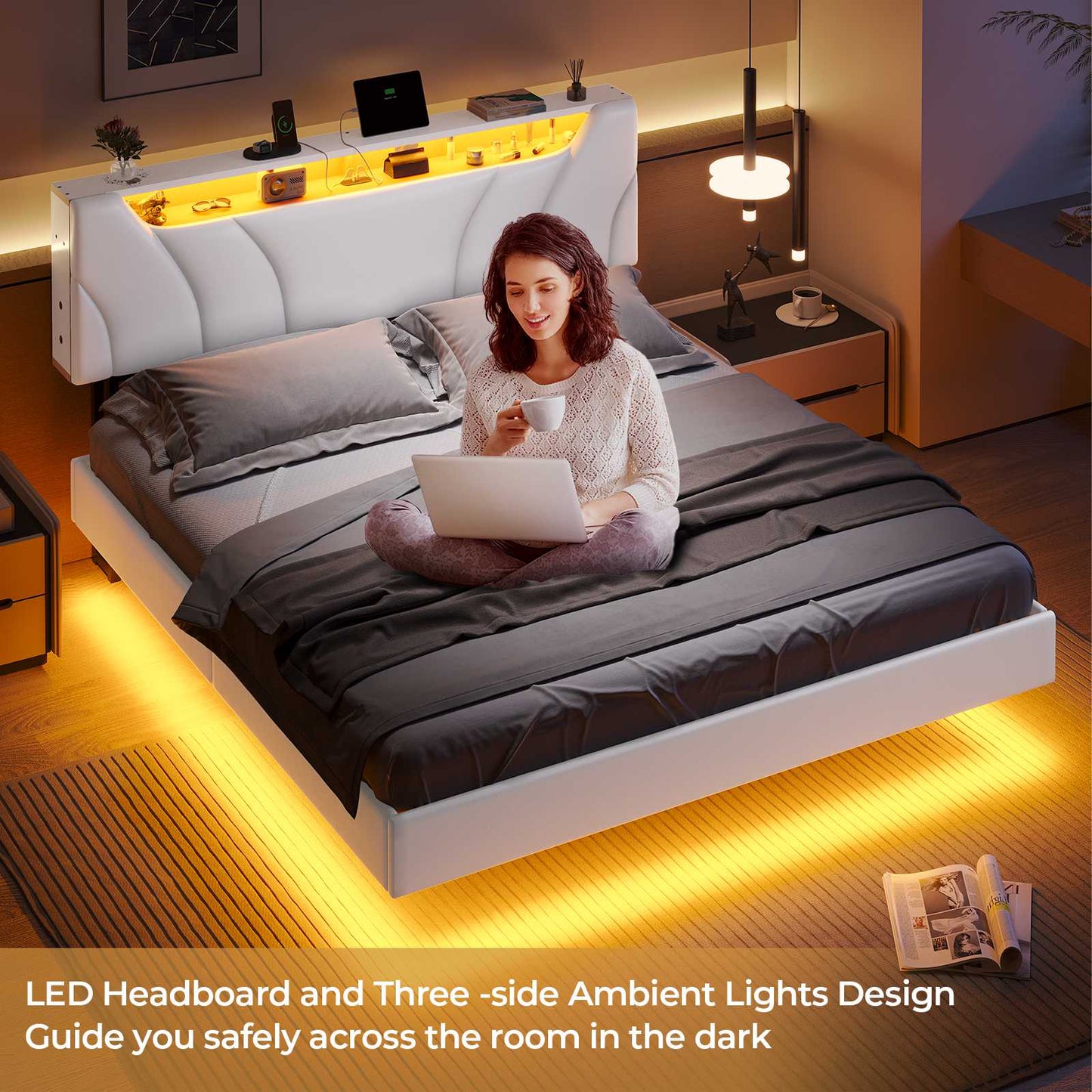 Hasuit | Floating Bed Frame Full Size with led Lights and Hidden Storage Headboard Full Led Visual Bed with Outlets Faux Leather Upholstered Platform Bed