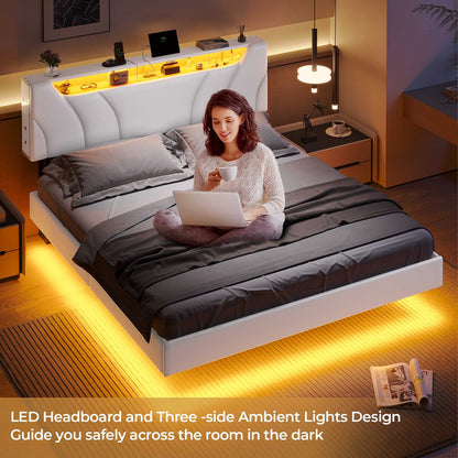 Hasuit | Floating Bed Frame Full Size with led Lights and Hidden Storage Headboard Full Led Visual Bed with Outlets Faux Leather Upholstered Platform Bed