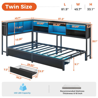 Hasuit | Corner Bed Frame with Storage Bookcase Modern Teenagers Bedframe with 2 Drawers Kids Bed Unit with Charging Station Three Sizes Black