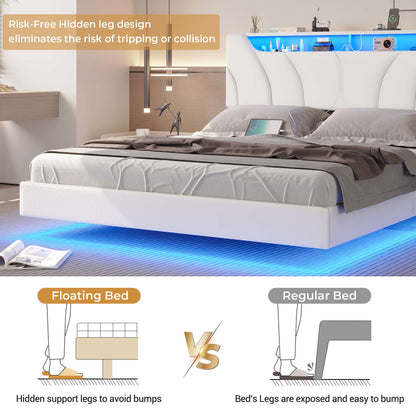Hasuit | Floating Bed Frame Full Size with led Lights and Hidden Storage Headboard Full Led Visual Bed with Outlets Faux Leather Upholstered Platform Bed