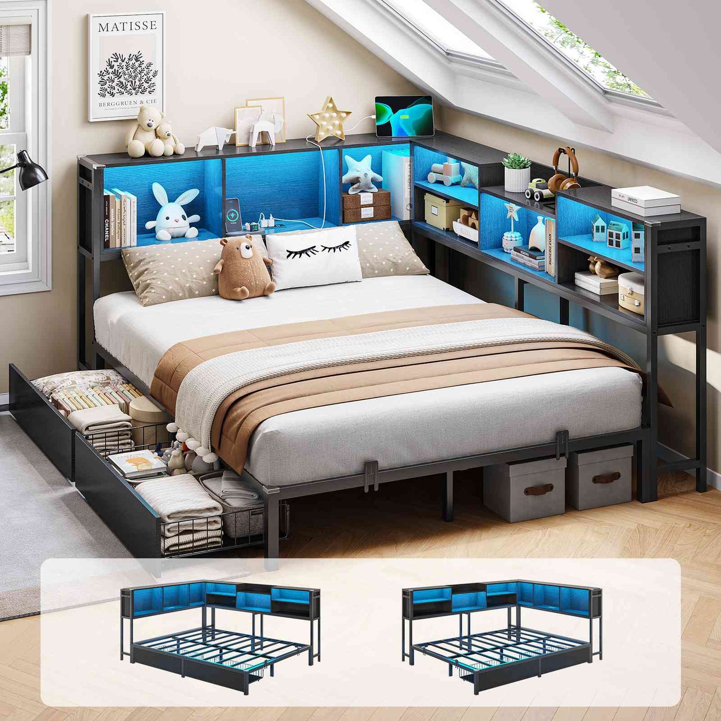 Hasuit | Corner Bed Frame with Storage Bookcase Modern Teenagers Bedframe with 2 Drawers Kids Bed Unit with Charging Station Three Sizes Black