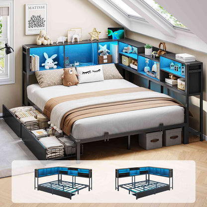Hasuit | Corner Bed Frame with Storage Bookcase Modern Teenagers Bedframe with 2 Drawers Kids Bed Unit with Charging Station Three Sizes Black