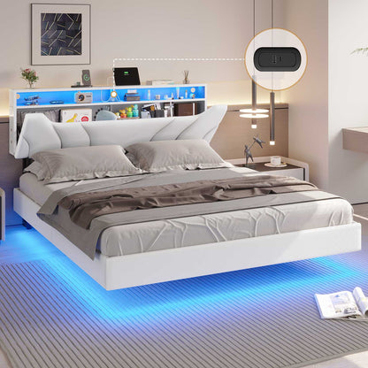 Hasuit | Floating Bed Frame Full Size with led Lights and Hidden Storage Headboard Full Led Visual Bed with Outlets Faux Leather Upholstered Platform Bed
