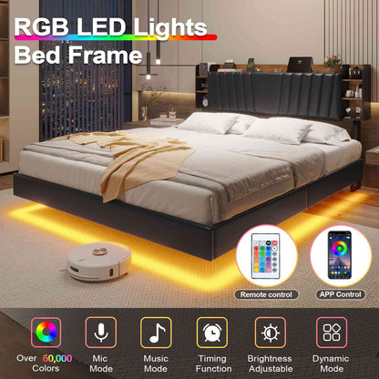 Hasuit | California King Floating Bed Frame with Hidden Storage Headboard and Charging Station Cal King Size Visual Floating Platform Bed with Led Lights