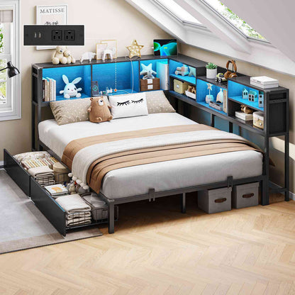 Hasuit | Corner Bed Frame with Storage Bookcase Modern Teenagers Bedframe with 2 Drawers Kids Bed Unit with Charging Station Three Sizes Black