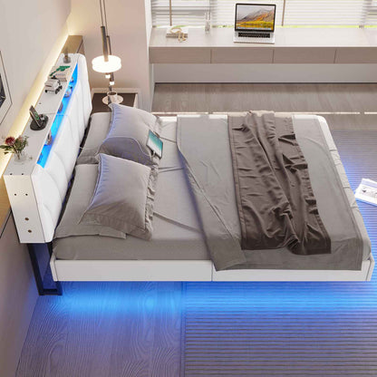 Hasuit | Floating Bed Frame Full Size with led Lights and Hidden Storage Headboard Full Led Visual Bed with Outlets Faux Leather Upholstered Platform Bed