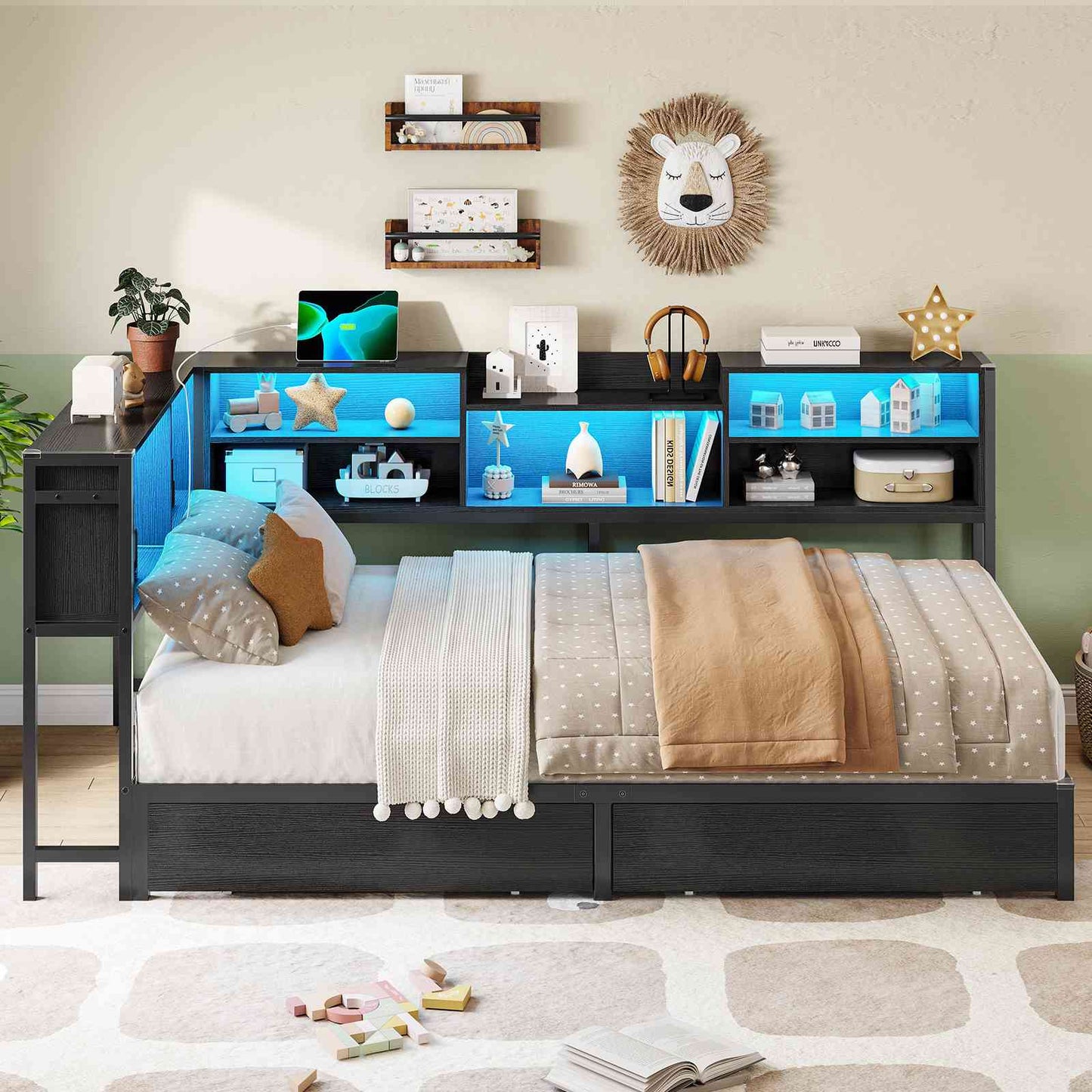 Hasuit | Corner Bed Frame with Storage Bookcase Modern Teenagers Bedframe with 2 Drawers Kids Bed Unit with Charging Station Three Sizes Black
