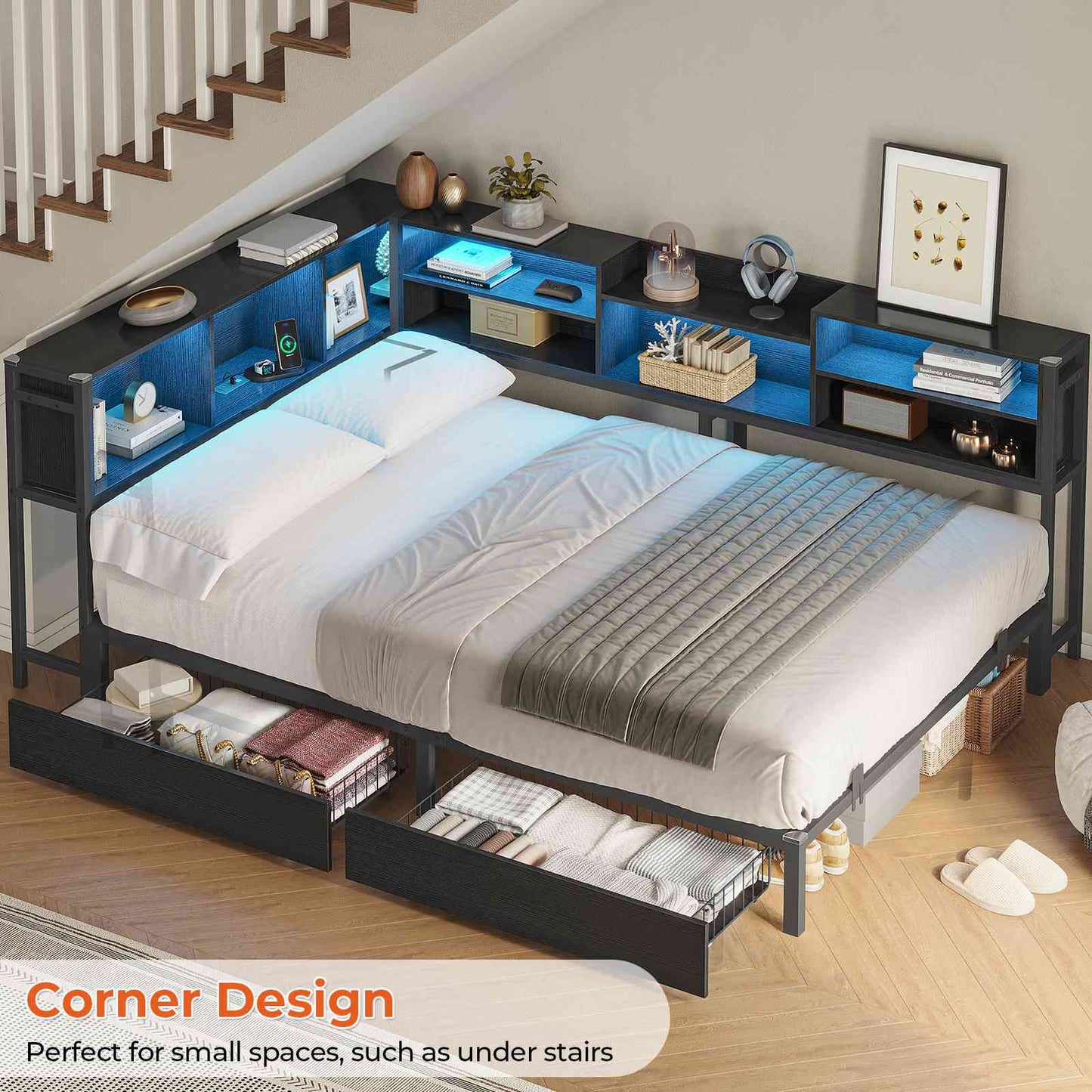 Hasuit | Corner Bed Frame with Storage Bookcase Modern Teenagers Bedframe with 2 Drawers Kids Bed Unit with Charging Station Three Sizes Black