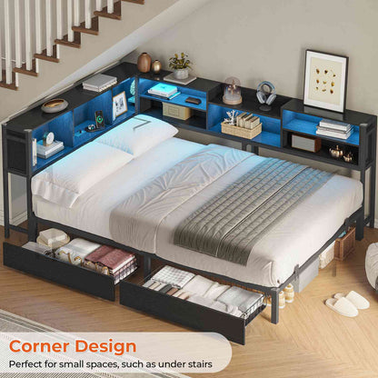 Hasuit | Corner Bed Frame with Storage Bookcase Modern Teenagers Bedframe with 2 Drawers Kids Bed Unit with Charging Station Three Sizes Black