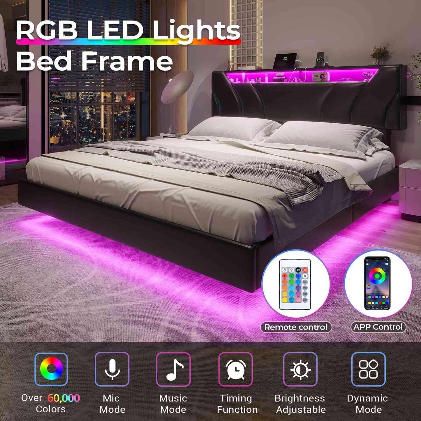 Hasuit | Floating Bed Frame Full Size with led Lights and Hidden Storage Headboard Full Led Visual Bed with Outlets Faux Leather Upholstered Platform Bed