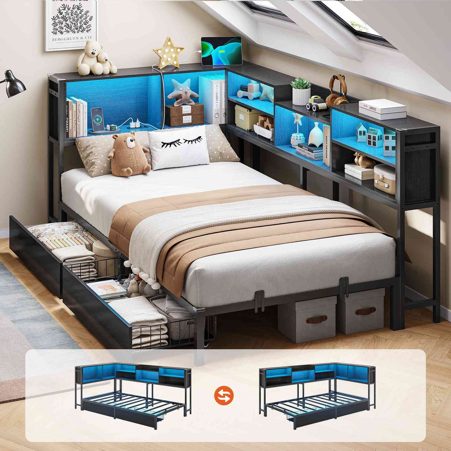 Hasuit | Corner Bed Frame with Storage Bookcase Modern Teenagers Bedframe with 2 Drawers Kids Bed Unit with Charging Station Three Sizes Black