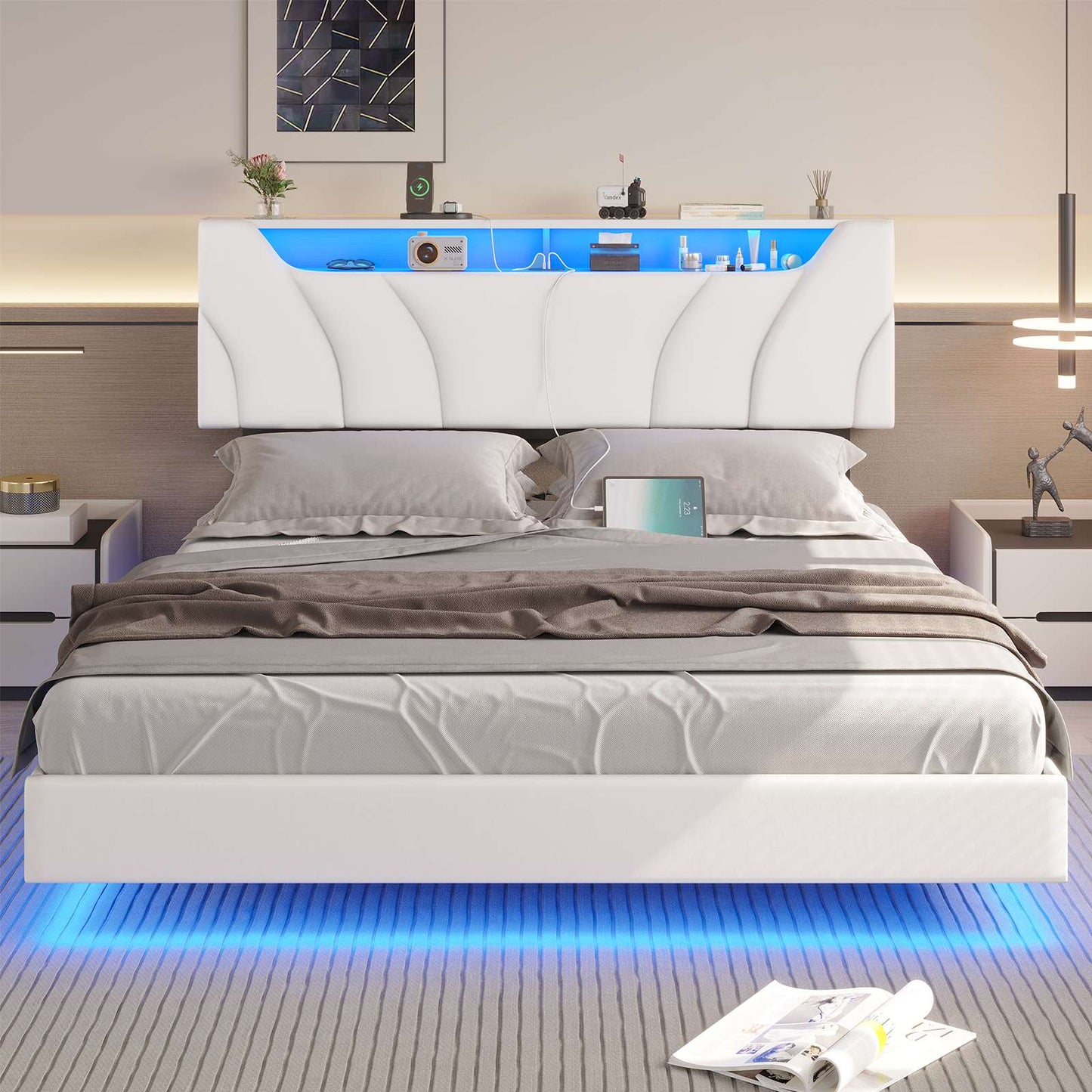 Hasuit | Floating Bed Frame Full Size with led Lights and Hidden Storage Headboard Full Led Visual Bed with Outlets Faux Leather Upholstered Platform Bed