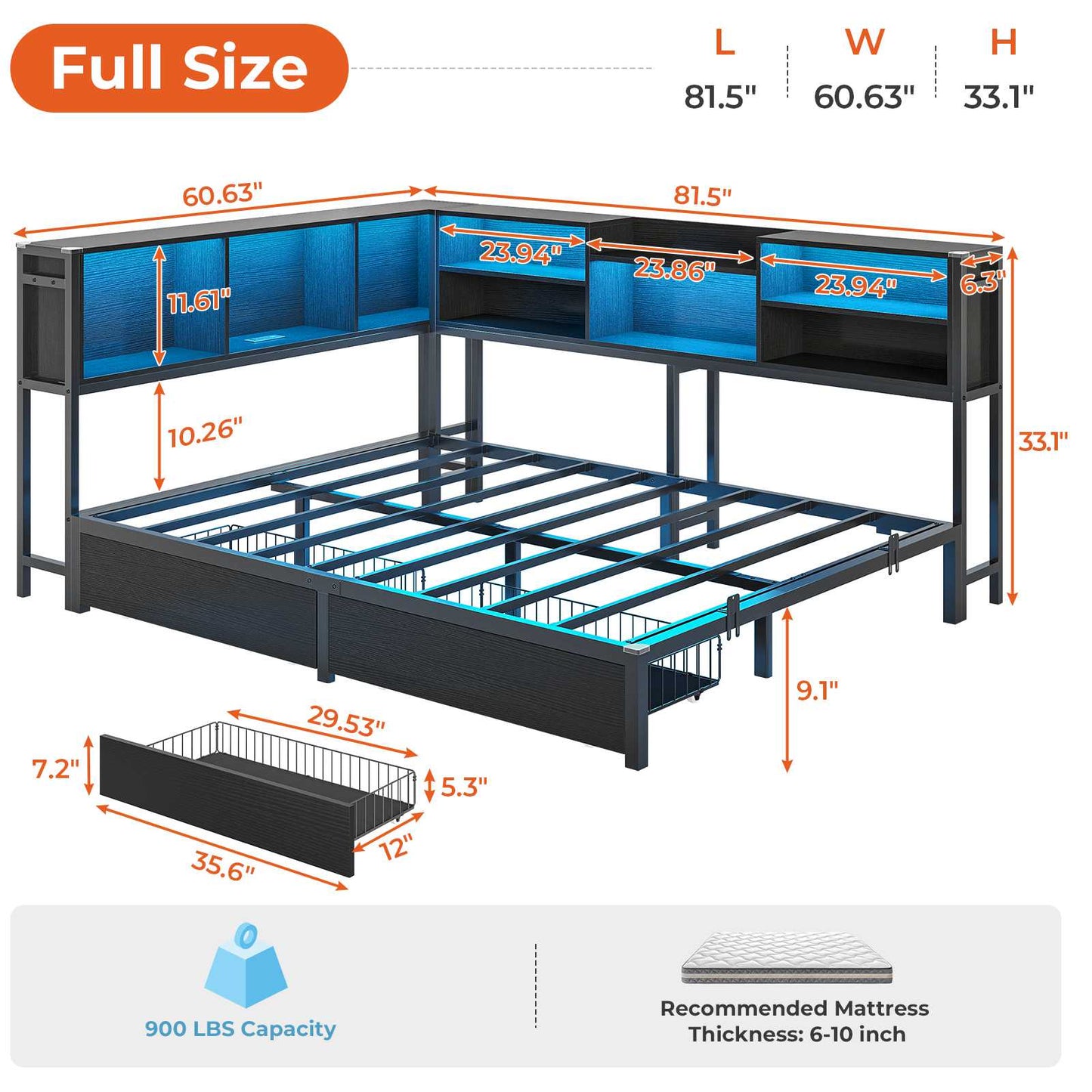 Hasuit | Corner Bed Frame with Storage Bookcase Modern Teenagers Bedframe with 2 Drawers Kids Bed Unit with Charging Station Three Sizes Black