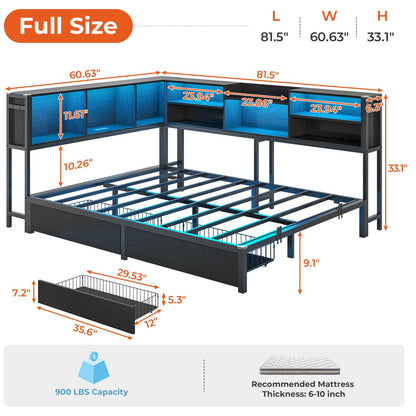 Hasuit | Corner Bed Frame with Storage Bookcase Modern Teenagers Bedframe with 2 Drawers Kids Bed Unit with Charging Station Three Sizes Black