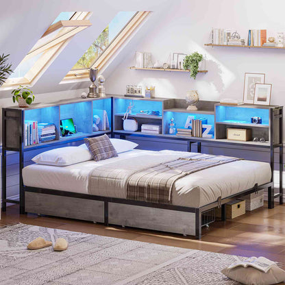Hasuit | Corner Bed Frame with Storage Bookcase Teenagers Daybed with 2 Underneath Storage Drawers Kids Bed Unit with Charging Station and LED Light Three Sizes Oak Gray