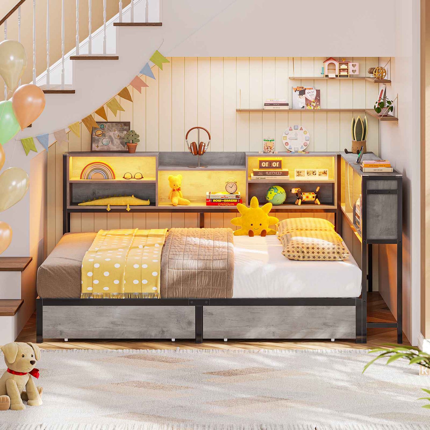 Hasuit | Corner Bed Frame with Storage Bookcase Teenagers Daybed with 2 Underneath Storage Drawers Kids Bed Unit with Charging Station and LED Light Three Sizes Oak Gray