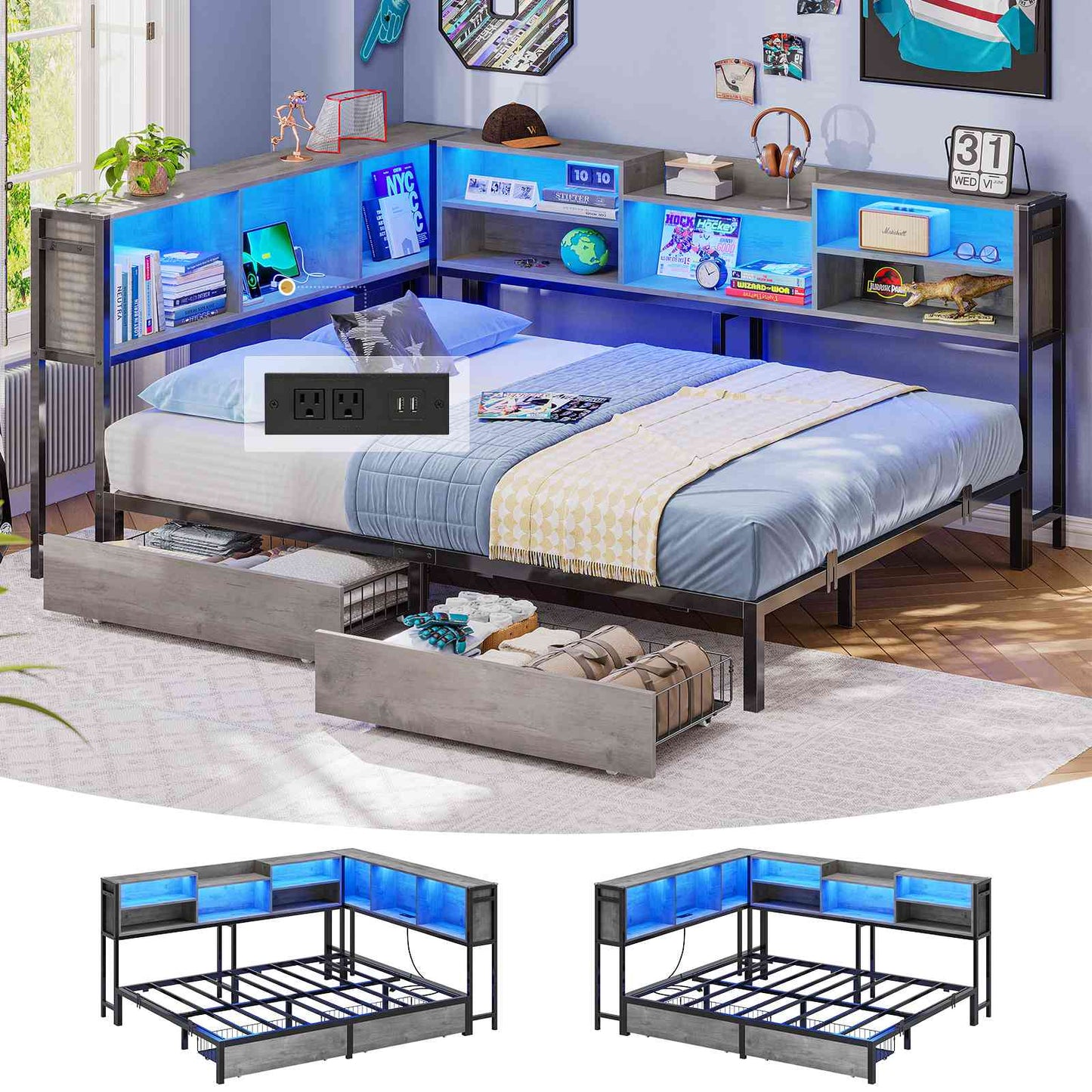 Hasuit | Corner Bed Frame with Storage Bookcase Teenagers Daybed with 2 Underneath Storage Drawers Kids Bed Unit with Charging Station and LED Light Three Sizes Oak Gray