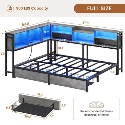 Hasuit | Corner Bed Frame with Storage Bookcase Teenagers Daybed with 2 Underneath Storage Drawers Kids Bed Unit with Charging Station and LED Light Three Sizes Oak Gray