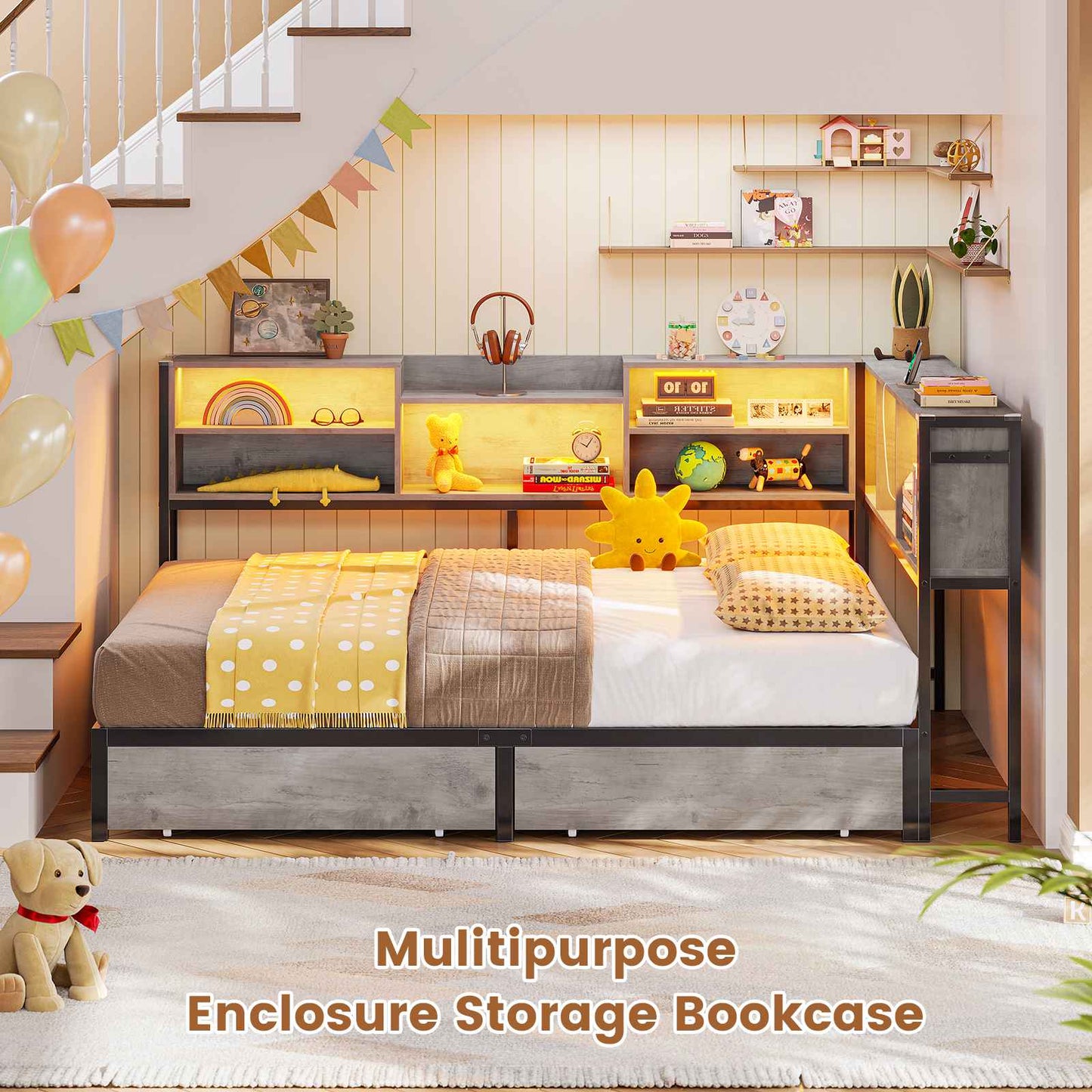 Hasuit | Corner Bed Frame with Storage Bookcase Teenagers Daybed with 2 Underneath Storage Drawers Kids Bed Unit with Charging Station and LED Light Three Sizes Oak Gray