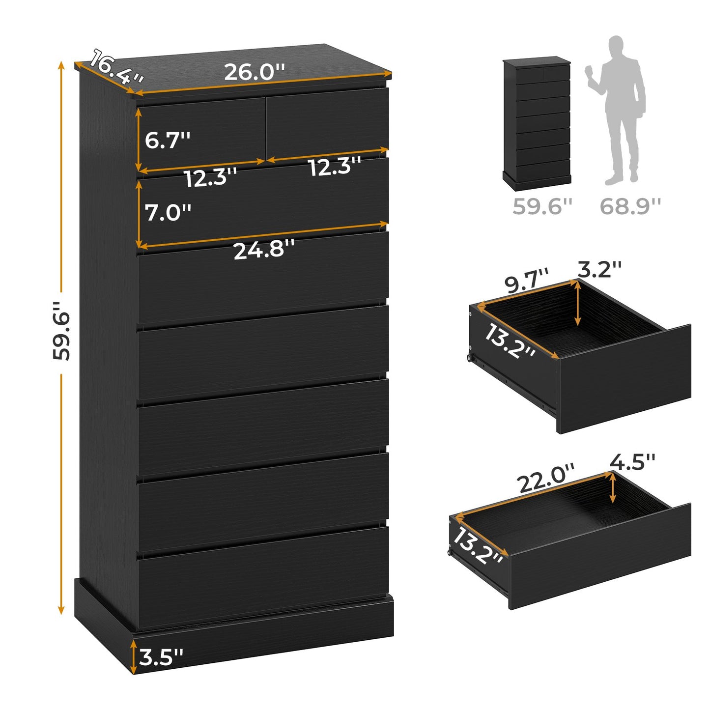 Hasuit | 59.6 Inch Tall Dresser 8 Drawer Modern Chest Drawers Taller Closet Organizer with Storage for Clothes