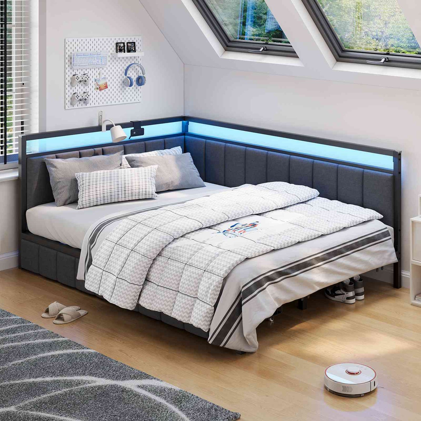 Hasuit | Corner Bed Frame with Storage Drawers Daybed with Line Fabric Upholstered Fence Kids Bed with LED Light and Charging Station Gray Three Sizes