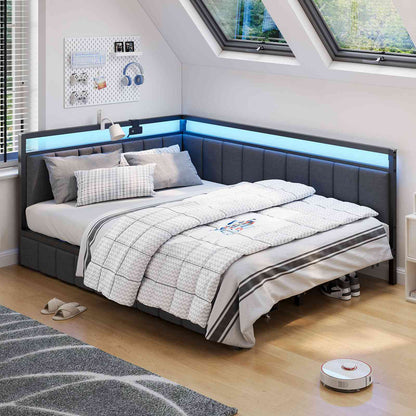 Hasuit | Corner Bed Frame with Storage Drawers Daybed with Line Fabric Upholstered Fence Kids Bed with LED Light and Charging Station Gray Three Sizes