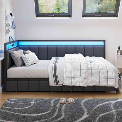 Hasuit | Corner Bed Frame with Storage Drawers Daybed with Line Fabric Upholstered Fence Kids Bed with LED Light and Charging Station Gray Three Sizes