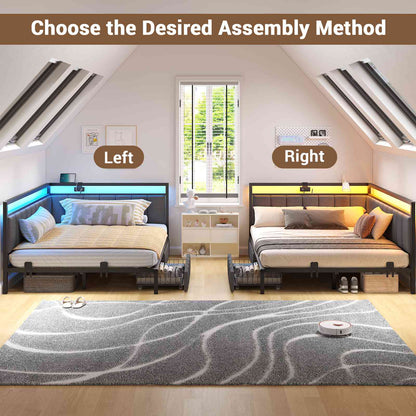Hasuit | Corner Bed Frame with Storage Drawers Daybed with Line Fabric Upholstered Fence Kids Bed with LED Light and Charging Station Gray Three Sizes