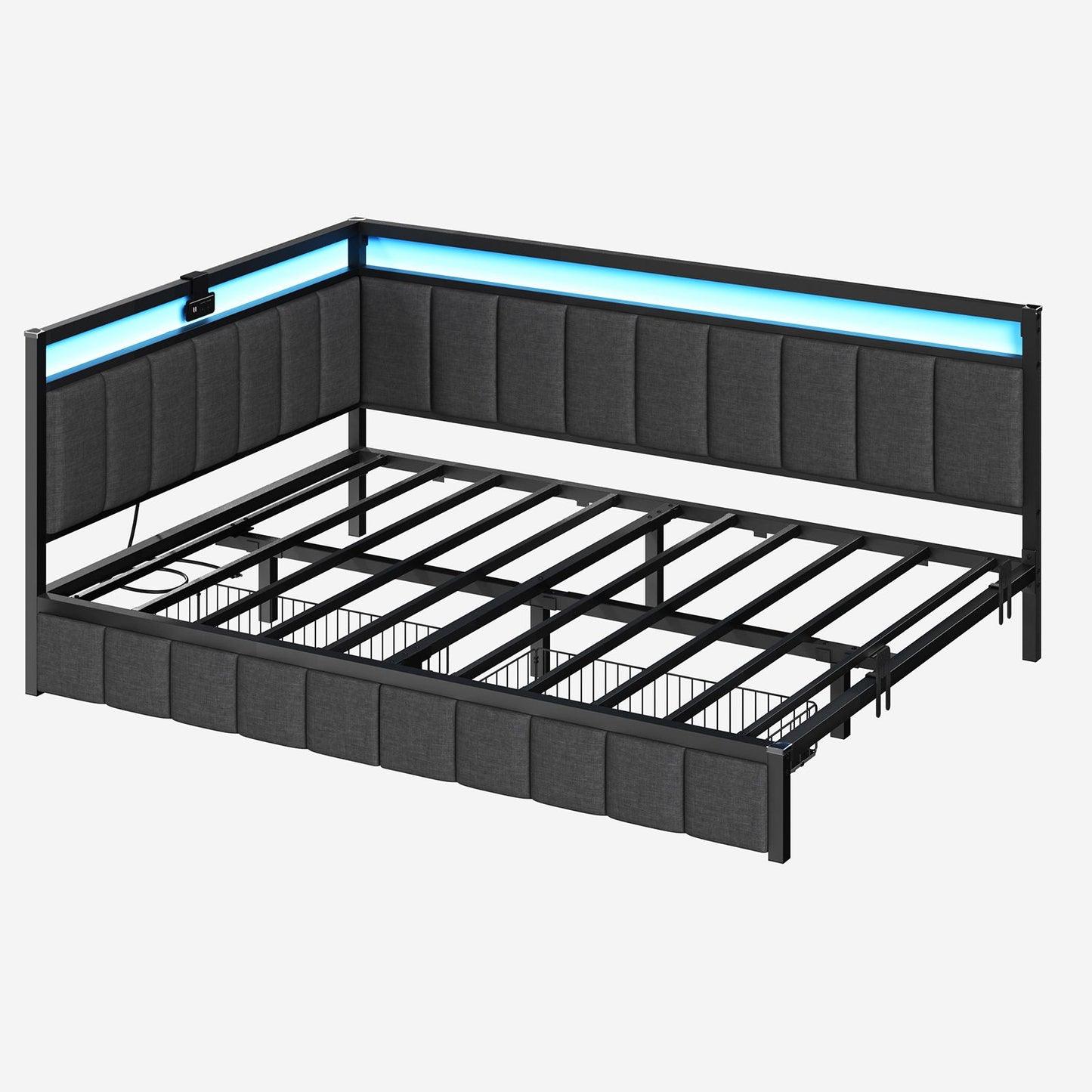 Hasuit | Corner Bed Frame with Storage Drawers Daybed with Line Fabric Upholstered Fence Kids Bed with LED Light and Charging Station Gray Three Sizes