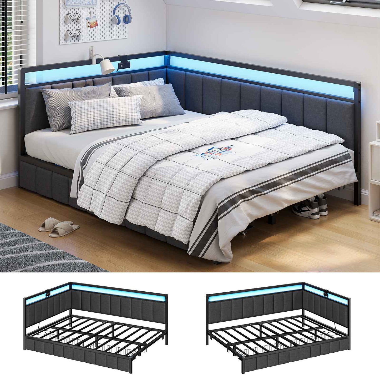 Hasuit | Corner Bed Frame with Storage Drawers Daybed with Line Fabric Upholstered Fence Kids Bed with LED Light and Charging Station Gray Three Sizes