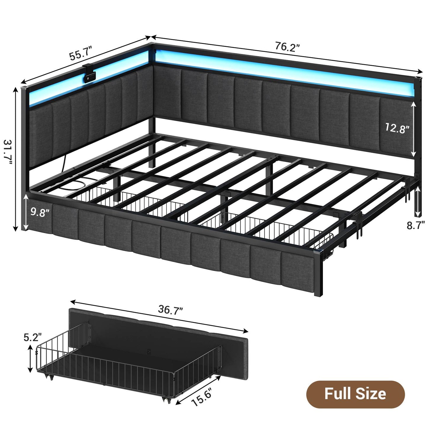 Hasuit | Corner Bed Frame with Storage Drawers Daybed with Line Fabric Upholstered Fence Kids Bed with LED Light and Charging Station Gray Three Sizes