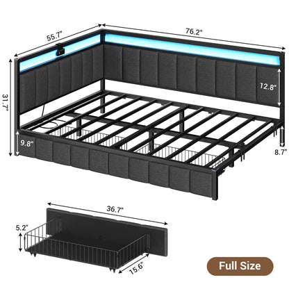 Hasuit | Corner Bed Frame with Storage Drawers Daybed with Line Fabric Upholstered Fence Kids Bed with LED Light and Charging Station Gray Three Sizes
