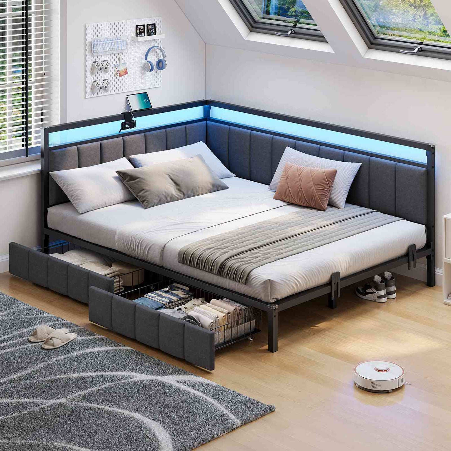 Hasuit | Corner Bed Frame with Storage Drawers Daybed with Line Fabric Upholstered Fence Kids Bed with LED Light and Charging Station Gray Three Sizes