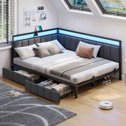 Hasuit | Corner Bed Frame with Storage Drawers Daybed with Line Fabric Upholstered Fence Kids Bed with LED Light and Charging Station Gray Three Sizes